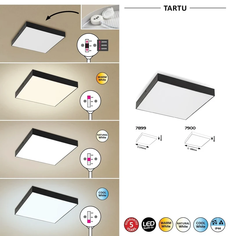 Tartu – LED ceiling light for terrace in black matt, 175×175mm, 18W, 2800-6000K, IP44