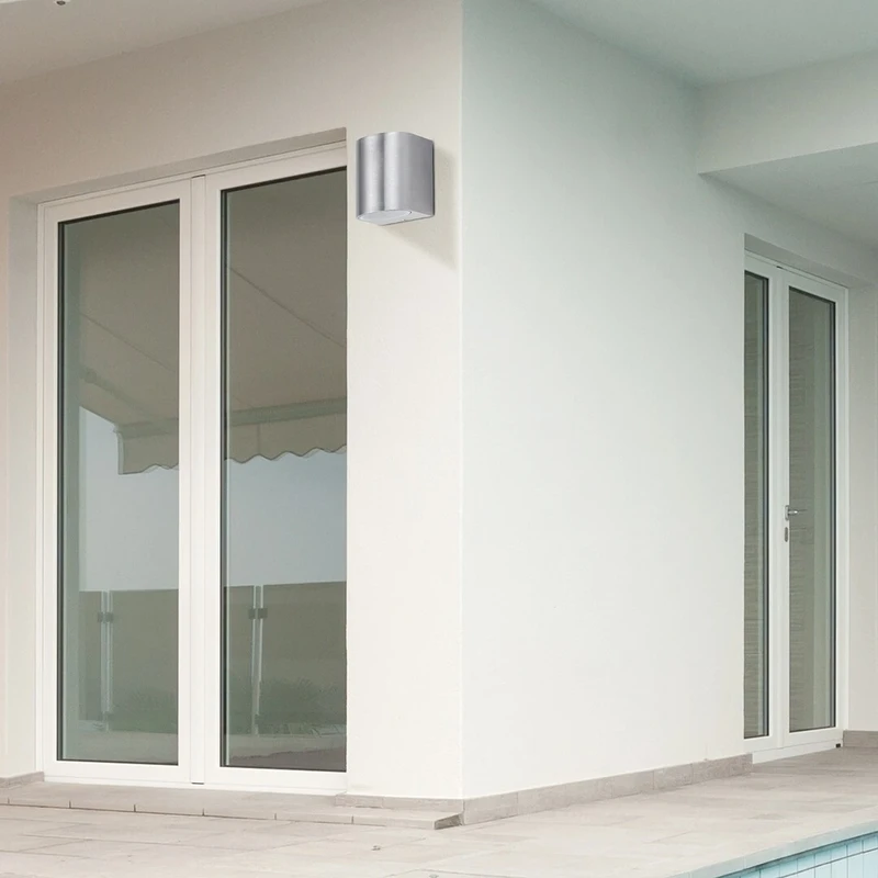 Chile – modern facade wall light in brushed aluminium, 80×65mm, IP44, 1×GU10