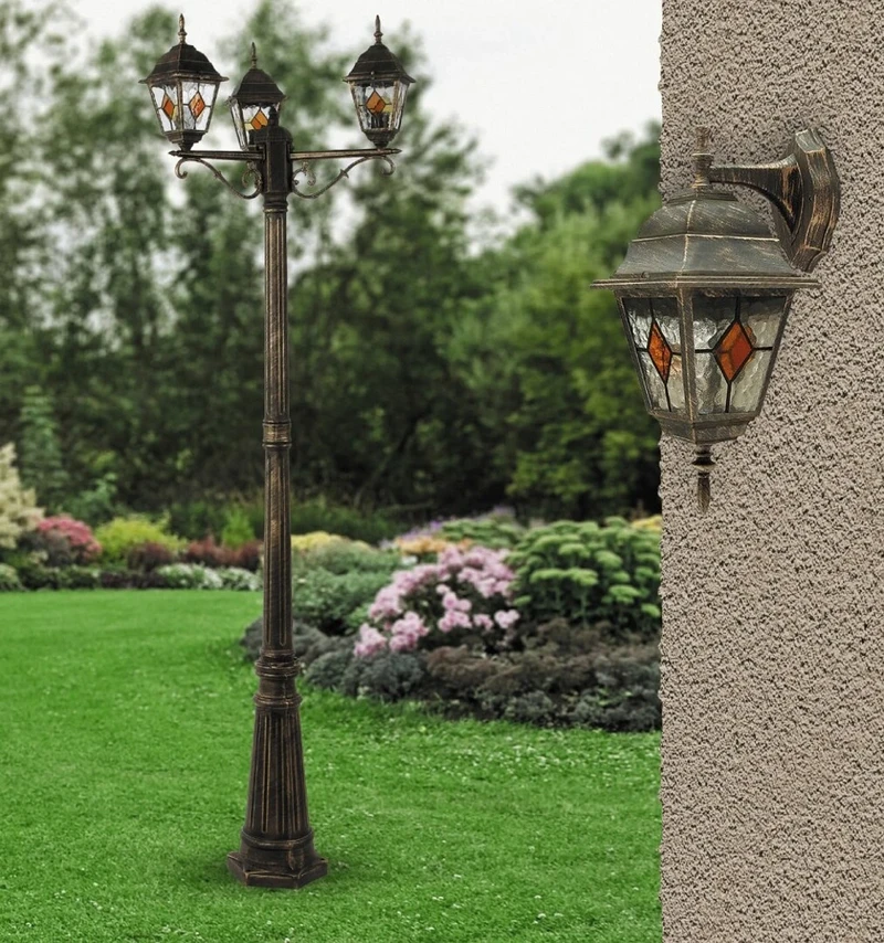 Monaco – classic garden bollard in antique gold, Ø640mm, 3×E27, IP43