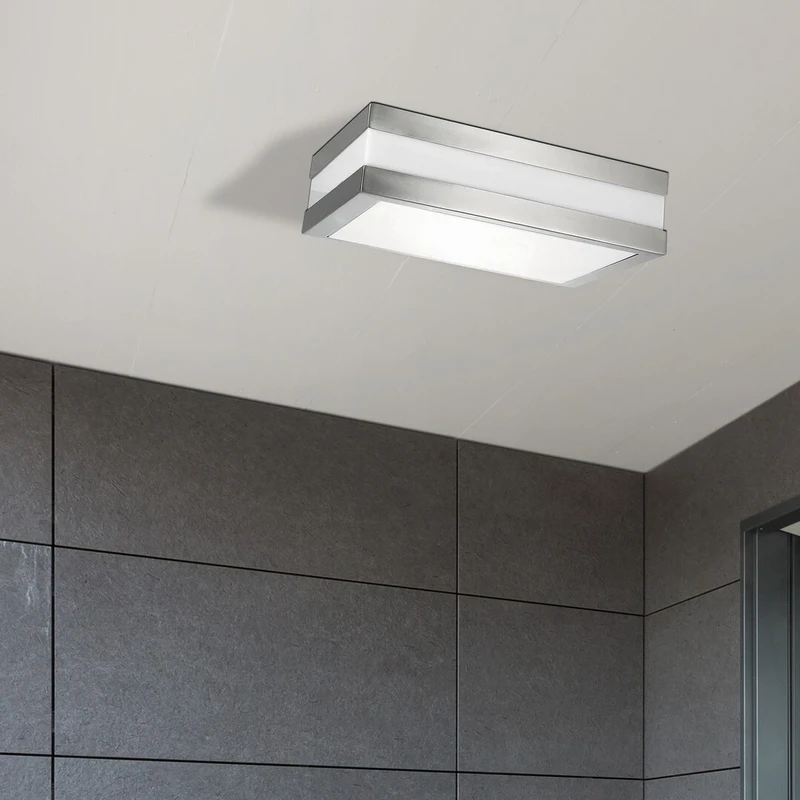 Stuttgart – modern ceiling light for outdoor mounting in satin chrome, 285×285mm, 2×E27, IP44