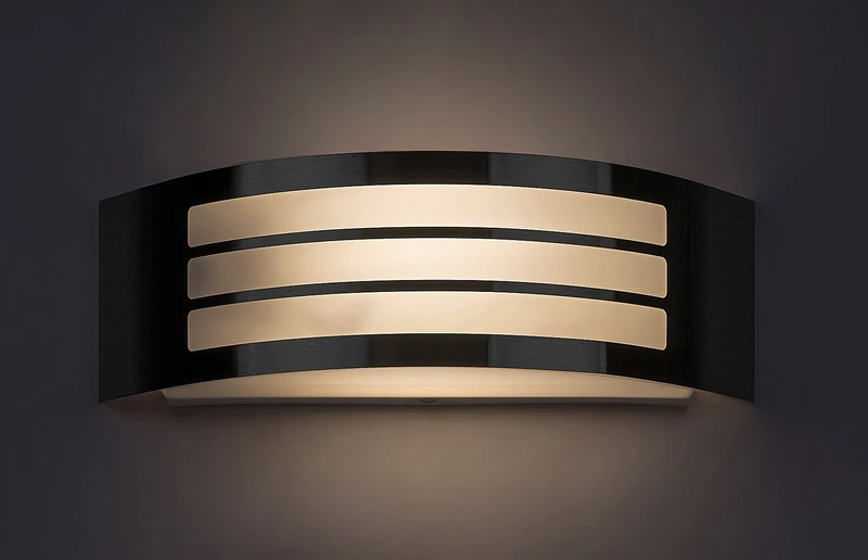 Roma – modern outdoor wall light in satin chrome with white shade, 318×100mm, 1×E27, IP44