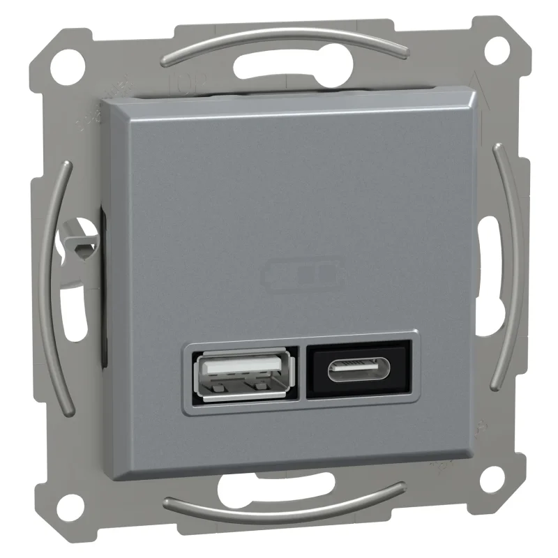 Schneider Electric Double USB charging type A+C 3A 21W Steel without frame - Schneider Electric Asfora EPH2700562