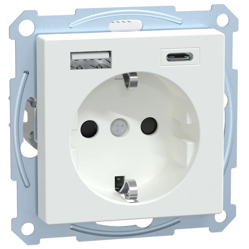 Schneider Electric Schuko socket 16A with 2x USB A+C 3A 15W with face plate Active white System M - Schneider Electric Merten System M MEG2367-0325