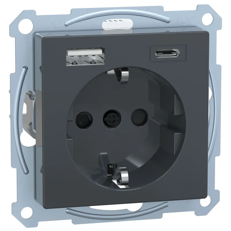 Контакт шуко 16A с 2x USB A+C 3A 15W с лицев панел Антрацит System M - Schneider Electric Merten System M MEG2367-0414