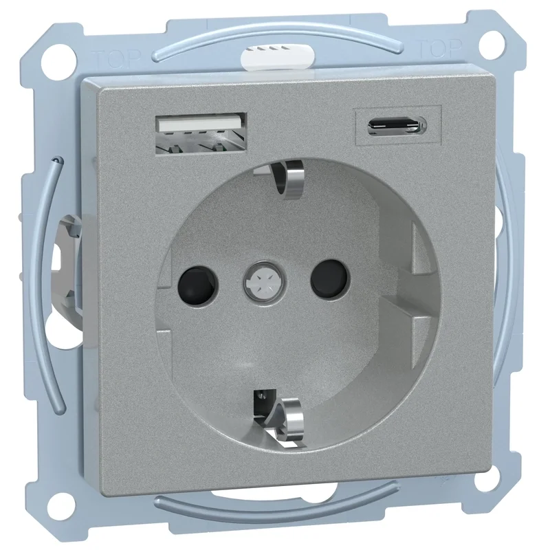 Schneider Electric Контакт шуко 16A с 2x USB A+C 3A 15W с лицев панел Алуминий System M - Schneider Electric Merten System M MEG2367-0460