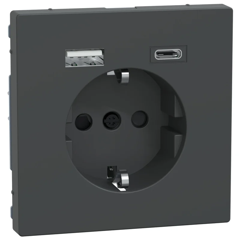 Schneider Electric Schuko socket 16A with 2x USB A+C 3A 15W with face plate colour Anthracite System Design - Schneider Electric Merten System Design MEG2367-6034