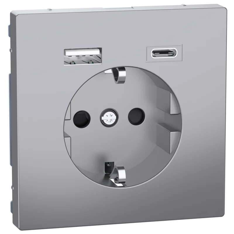 Schuko socket 16A with 2x USB A+C 3A 15W with face plate colour Stainless steel System Design - Schneider Electric Merten System Design MEG2367-6036