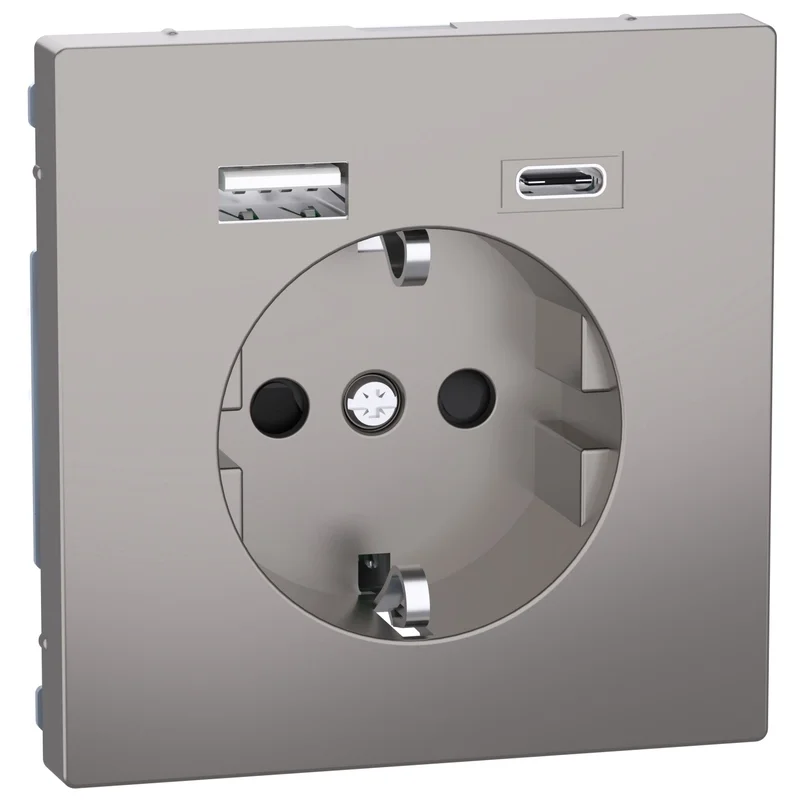 Schneider Electric Schuko socket 16A with 2x USB A+C 3A 15W with face plate colour Nickel System Design - Schneider Electric Merten System Design MEG2367-6050