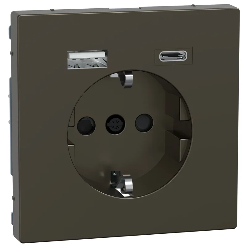 Schneider Electric Контакт шуко 16A с 2x USB A+C 3A 15W с лицев панел цвят Мока System Design - Schneider Electric Merten System Design MEG2367-6052