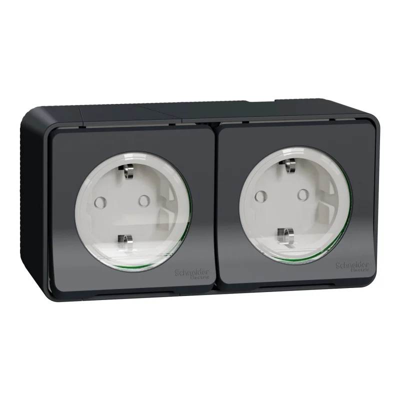 Schneider Electric Двоен контакт Шуко 2x 2P+E 16А моноблок с детска защита и автоматични клеми ОМ IP55 Антрацит - SCHNEIDER ELECTRIC Mureva Styl MUR36029