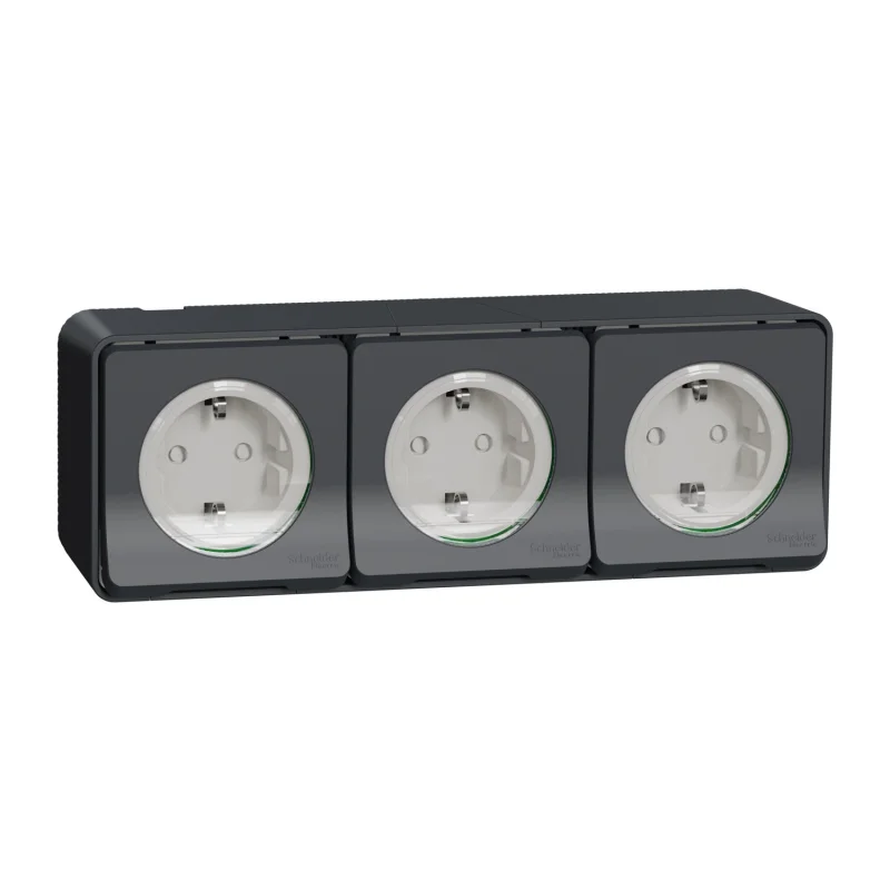 Schneider Electric Троен контакт Шуко 3x 2P+E 16А моноблок с детска защита и автоматични клеми ОМ IP55 Антрацит - SCHNEIDER ELECTRIC Mureva Styl MUR36038