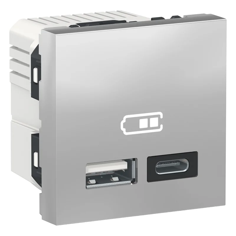 Schneider Electric Двойно USB зарядно тип A+C, 2400mA, 5V, 2M, алуминий - SCHNEIDER ELECTRIC New Unica NU301830