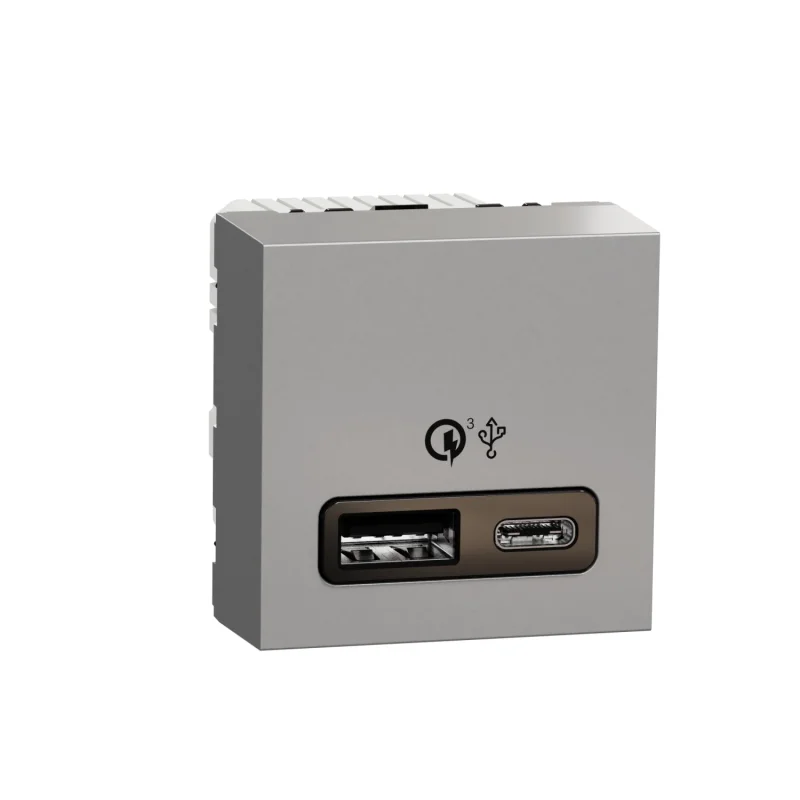 Double USB charging type A+C, quick charge 18W, 2M, aluminium - SCHNEIDER ELECTRIC New Unica NU301930