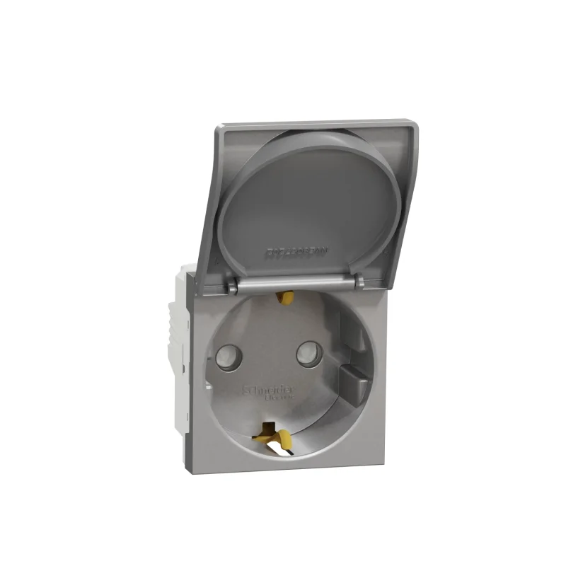 Schneider Electric Контакт шуко с детска защита+ капак 2P+E, 16A, 2M, алуминий - SCHNEIDER ELECTRIC New Unica NU303730TA