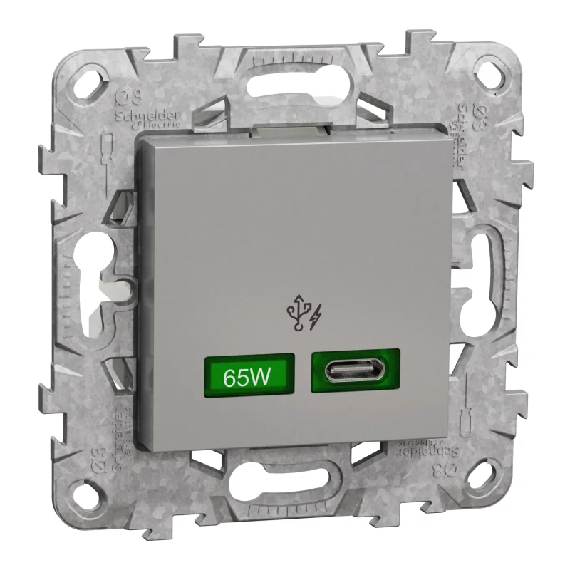Schneider Electric Single USB Quick Charge charging type C 65W, 1M, Aluminium - Schneider Electric Unica NEW NU501430