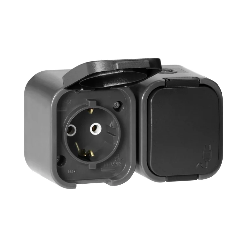ORNO Контакт Шуко двоен ОМ 2x 2P+E 16A IP54 Сив/черен - Orno Series B2 OR-OE-7806(GS)/GB