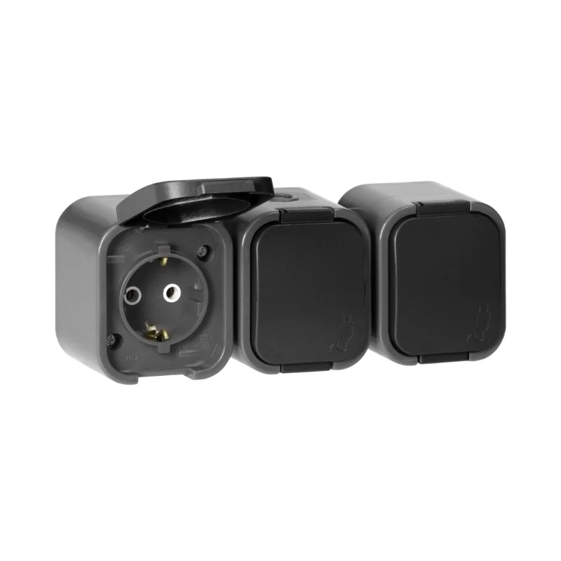 ORNO Schuko socket triple Ohm 3x 2P+E 16A IP54 Grey/black - Orno Series B2 OR-OE-7809(GS)/GB