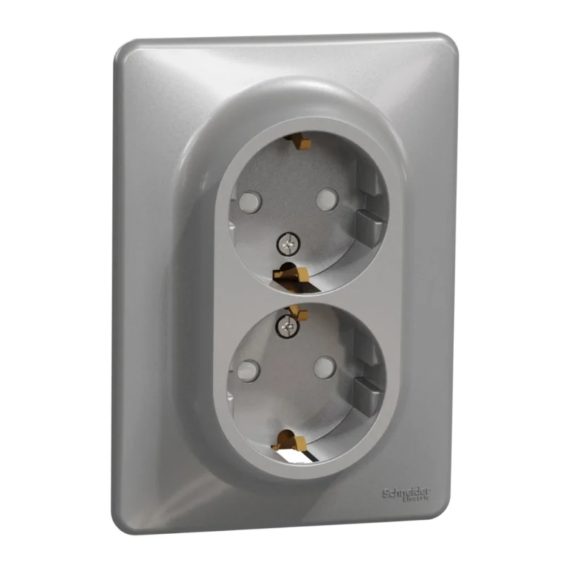 Schneider Electric Двоен контакт Шуко 2P+E 16A детска защита с рамка Алуминий - SCHNEIDER ELECTRIC Sedna Design SDD313221