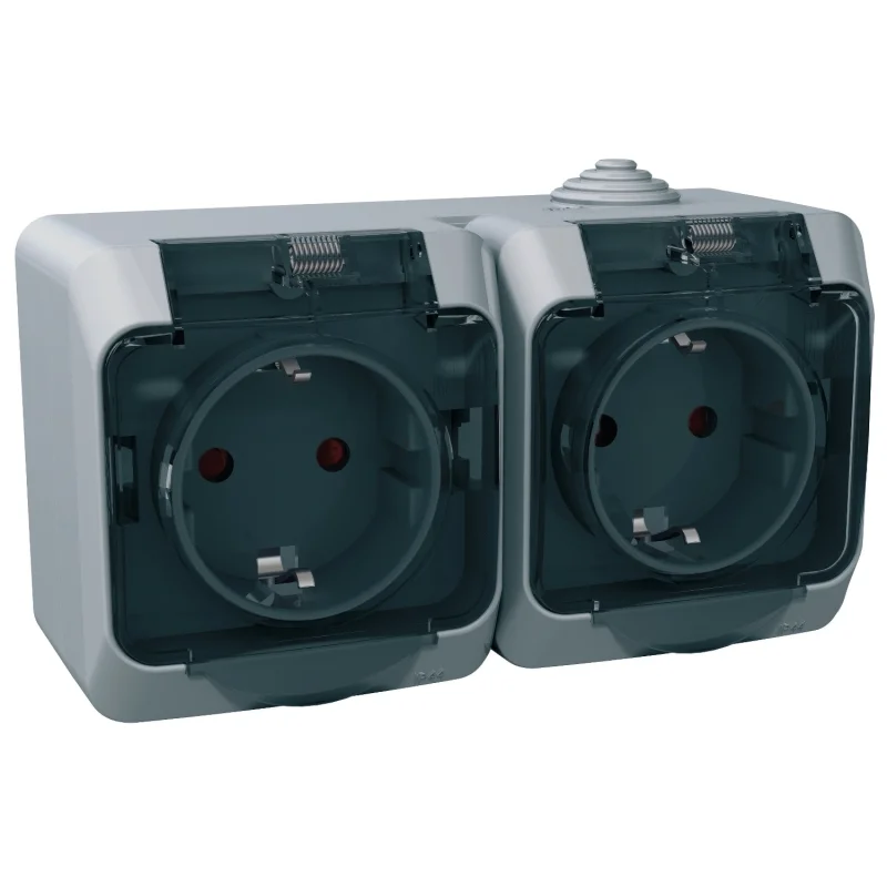Double Schuko socket IP44 with children's protection clear cover Grey - Schneider Electric Cedar Plus WDE000625
