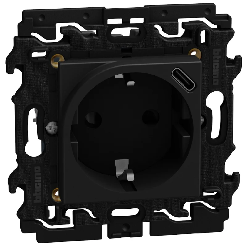 Schuko socket 2P+E 16A and USB type C 1.5A 7.5W 2M with mounting frame Graphite - bticino Light Now YD4141USB