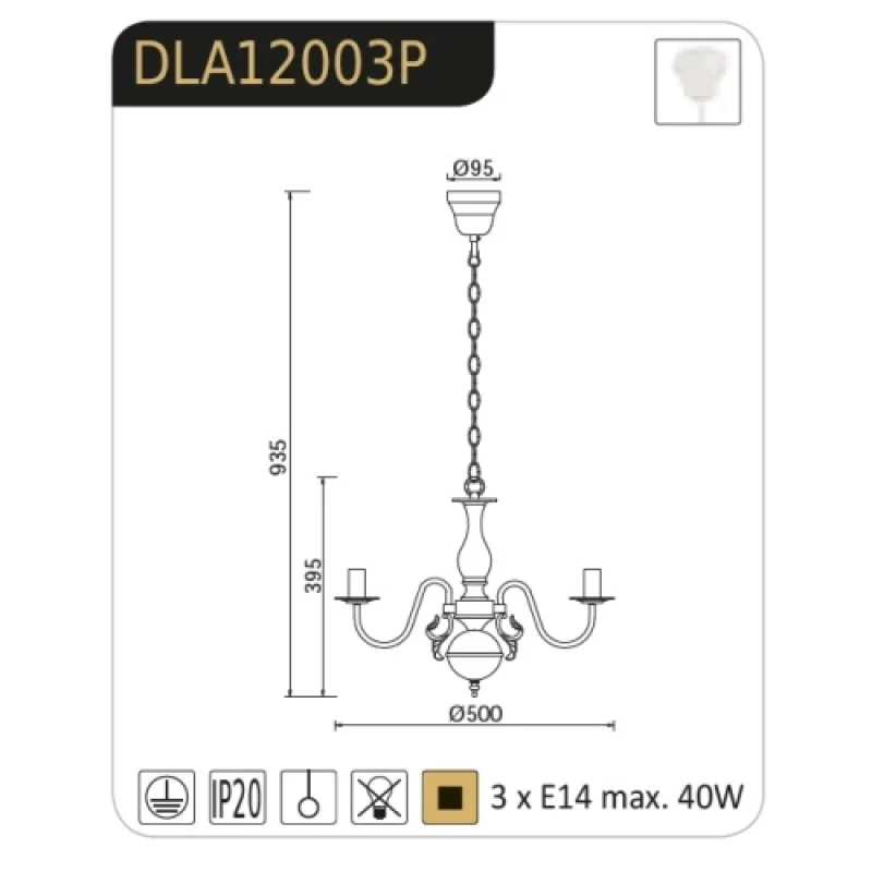 Velvet DLA12003P – ACA Lighting chandelier in white, 3X40W