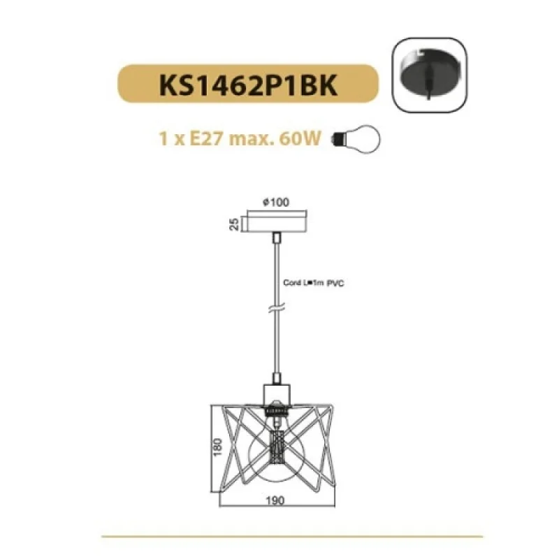Andy KS1462P1BK – ACA Lighting pendant in black, 1X60W
