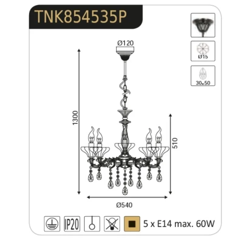 Sarto TNK854535P – ACA Lighting полилей в античен бронз, 5X60W