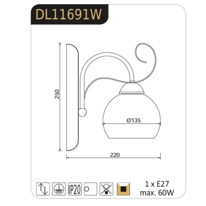 Foyer DL11691W – ACA Lighting аплик в бял, 1X60W