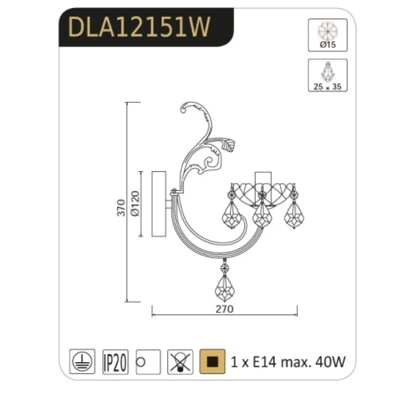 Faberge DLA12151W – ACA Lighting wall light in antique brass, 1X40W