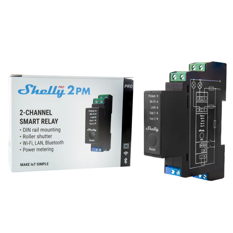 Импулсно Smart реле 2х On/Off 16A (25A) с мерител за DIN монтаж Shelly PRO 2PM