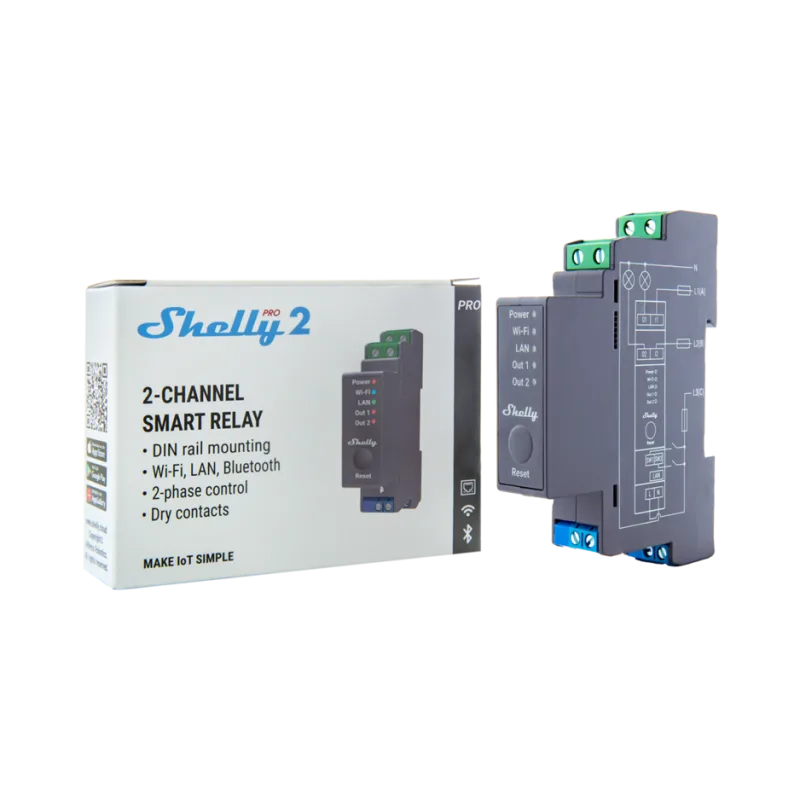 Импулсно Smart реле 2х On/Off 16A (25A) за DIN монтаж Shelly PRO 2
