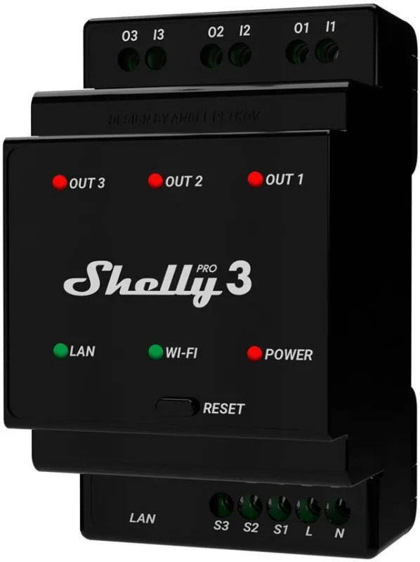 Shelly Импулсно Smart реле 3х On/Off 16A (48A) за DIN монтаж Shelly PRO 3