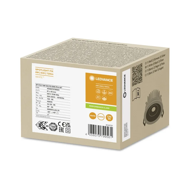 LED799561 – LEDVANCE LED луна за вграждане, 8W / 6W / 4W, 680lm / 540lm / 340lm, 4000K, IP20/IP44, бял