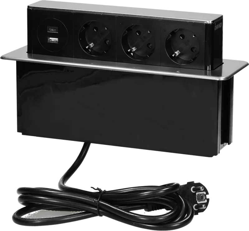 Furniture sockets Retractable desk box 3x Schuko, 2x USB A+C, 2 m cable, stainless steel, ORNO OR-GM-9014(GS)/B-G
