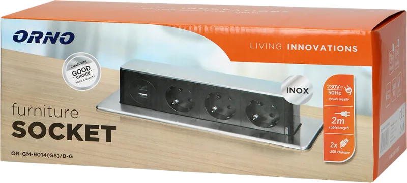 Retractable desk box 3x Schuko, 2x USB A+C, 2 m cable, stainless steel, ORNO OR-GM-9014(GS)/B-G