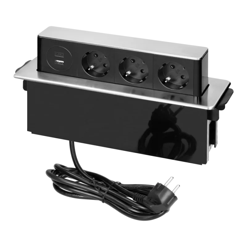 Furniture sockets Retractable desk box 3x Schuko, 2x USB A+C PD 20W, 2 m cable, stainless steel, ORNO OR-GM-9050(GS)/B-G