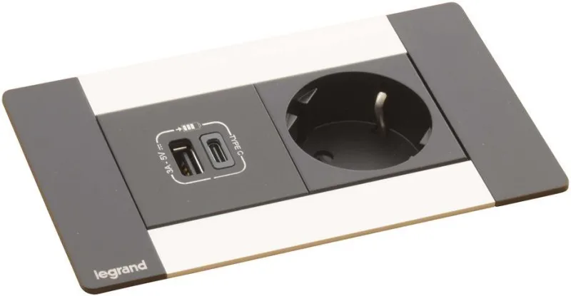 Furniture sockets Built-in desk box 1x Schuko, USB type A and C charging, 134x80 mm, black metal, Incara Multilink Legrand 654789