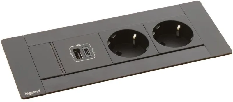 Furniture sockets Built-in desk box 2x Schuko, USB type A and C charging, 202x80 mm, black, Incara Multilink Legrand 654786