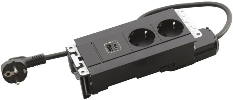 Built-in desk box 2x Schuko, USB type A and C charging, 202x80 mm, black, Incara Multilink Legrand 654786