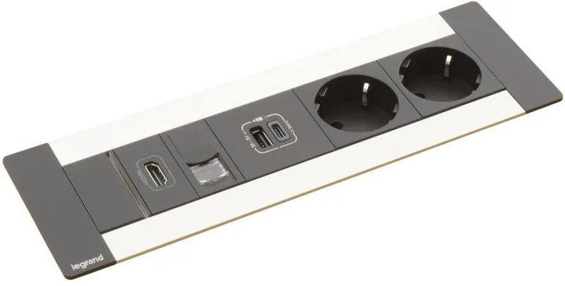 Furniture sockets Built-in desk box 2x Schuko, USB type A and C charging, HDMI, RJ45 Cat.6 network, 247x80 mm, black metal, Incara Multilink Legrand 654791