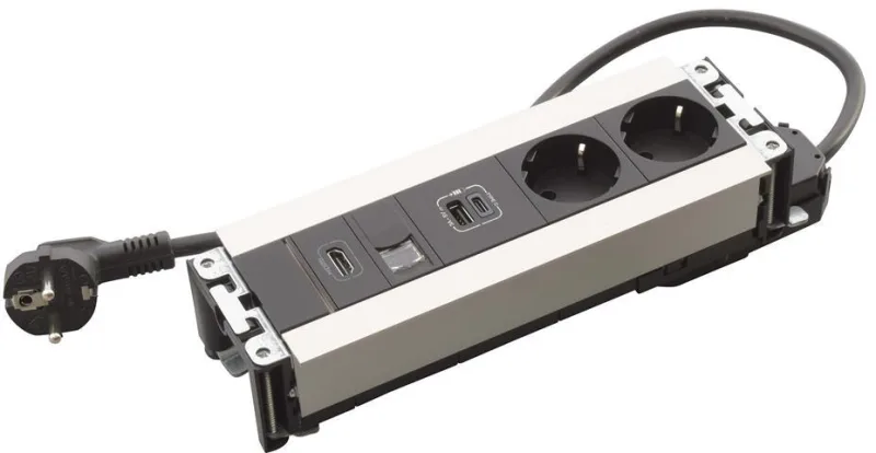 Built-in desk box 2x Schuko, USB type A and C charging, HDMI, RJ45 Cat.6 network, 247x80 mm, black metal, Incara Multilink Legrand 654791