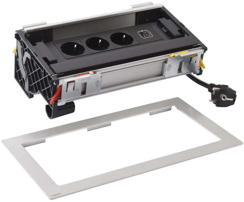 Built-in desk box 3x Schuko, USB type A and C charging, 303x171 mm, black metal, Incara Flip-Up Legrand 654854