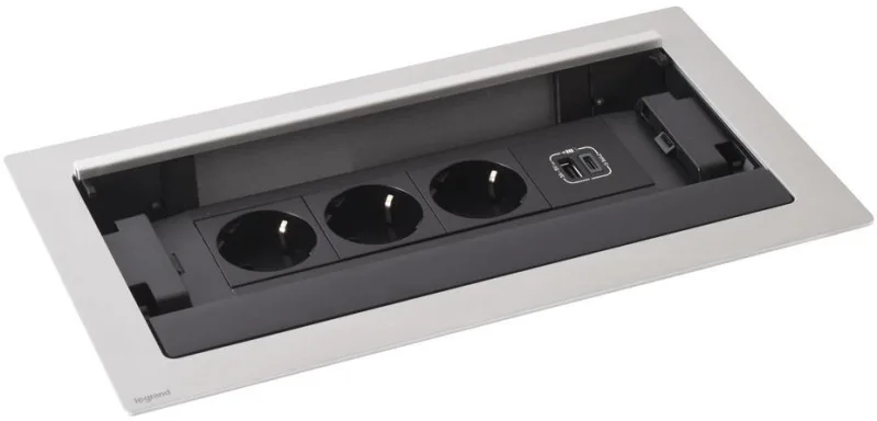 Built-in desk box 3x Schuko, USB type A and C charging, 303x171 mm, black metal, Incara Flip-Up Legrand 654854