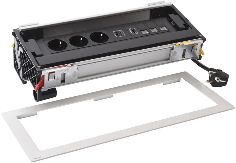 Built-in desk box 3x Schuko, USB type A and C charging, HDMI, 3x RJ45 Cat.6 network, 393x171 mm, black metal, Incara Flip-Up Legrand 654857