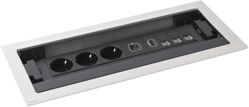 Built-in desk box 3x Schuko, USB type A and C charging, HDMI, 3x RJ45 Cat.6 network, 393x171 mm, black metal, Incara Flip-Up Legrand 654857