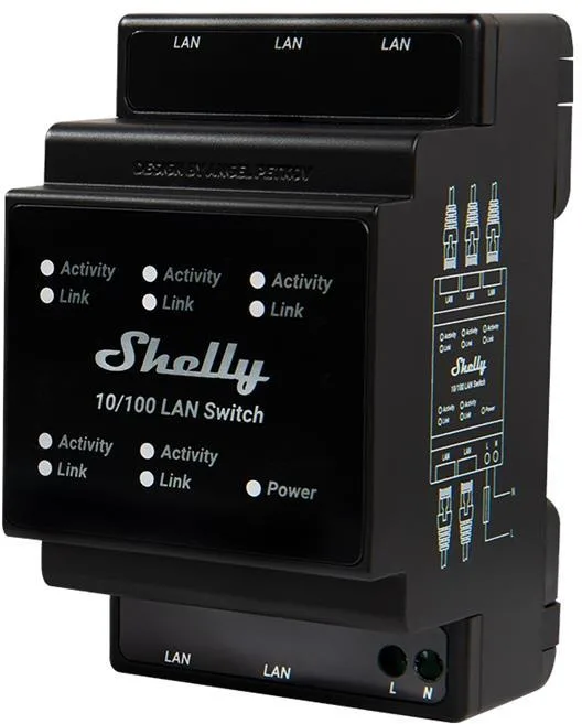 Shelly Мрежов комутатор, 5x 10/100 Mbps, за DIN монтаж, 110...230Vac, Shelly LAN Switch