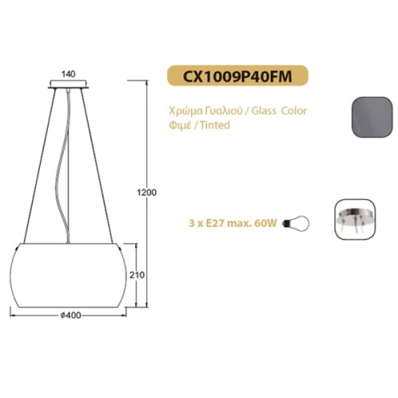 Pontiac CX1009P40FM – ACA Lighting пендел в хром, 3X60W