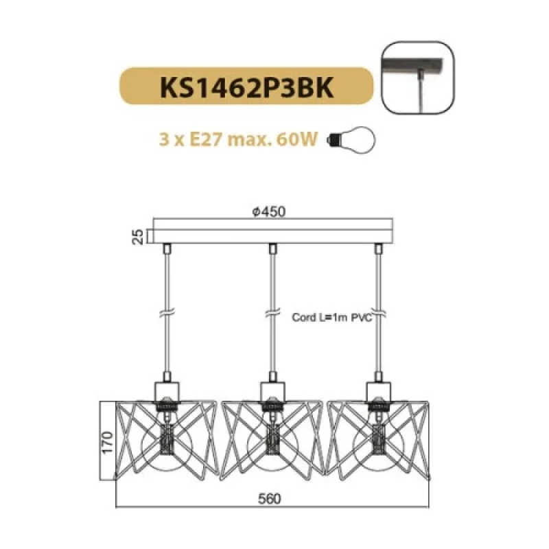 Andy KS1462P3BK – ACA Lighting пендел в черен, 3X60W