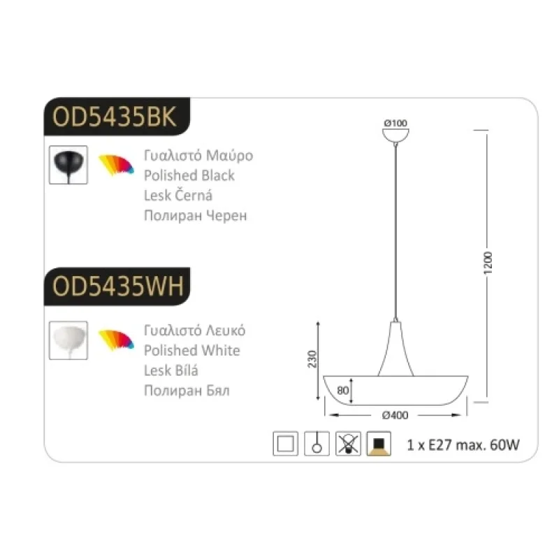 Sobrero OD5435WH – ACA Lighting пендел в бял, 1X60W
