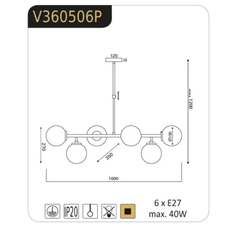 Thetis V360506P – ACA Lighting пендел в месинг, 6X40W